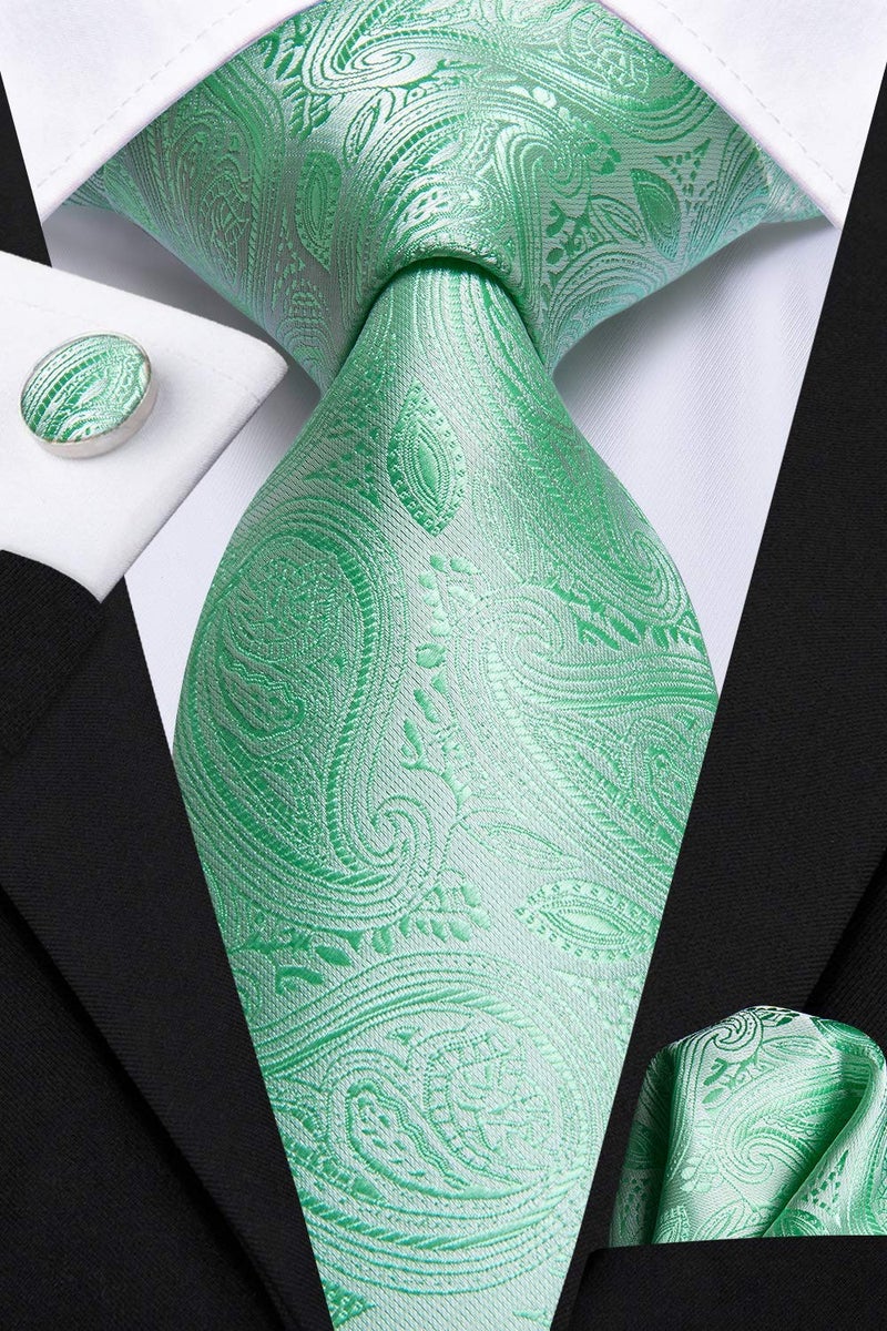 Dubulle Mens Mint Green Paisley Striped Tie WOVEN Necktie for Men and Handkerchief Cufflinks Set Wedding Formal Business - Image 4